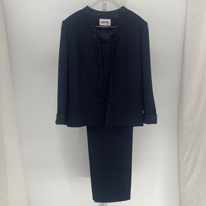 Kasper• Dark Blue 3-piece Formal Pantsuit with Sequin & Satin Touches Sz10